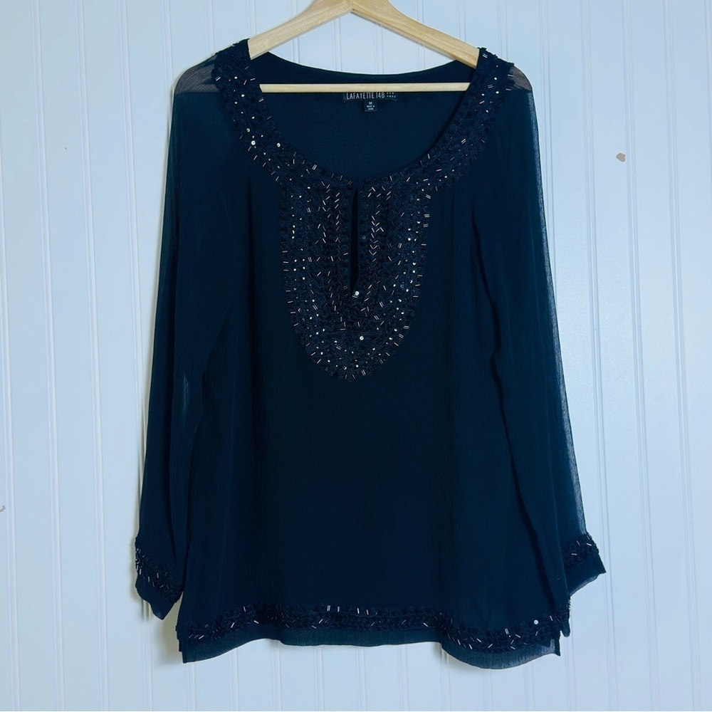 Lafayette 148 New York Black Embellished Blouse Tunic Top Silk Casual Business M - Picture 13 of 13